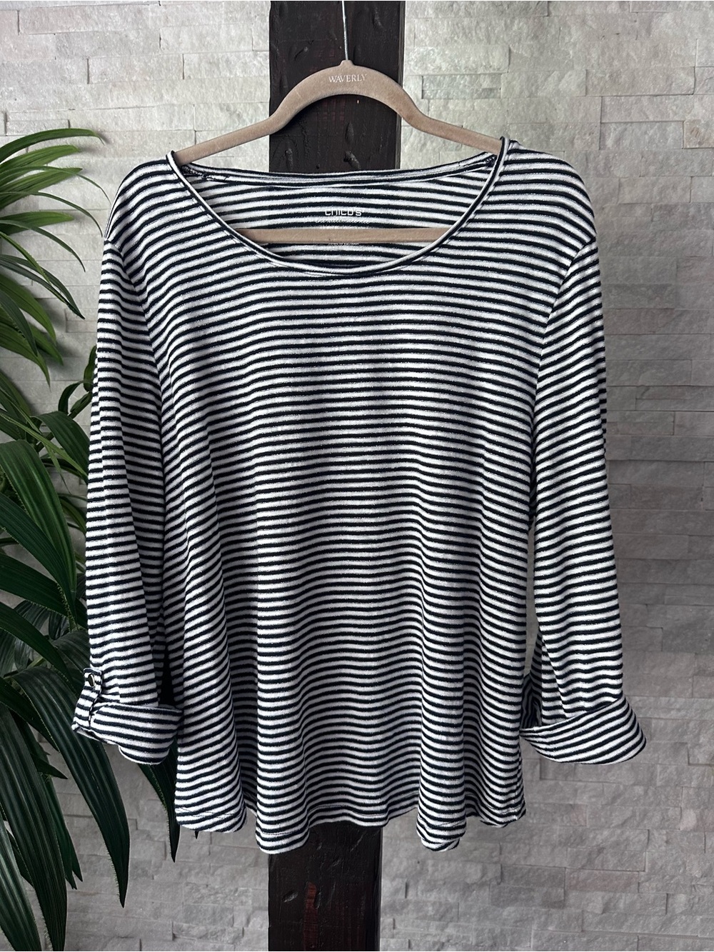 Chicos Navy Blue & White Silver Striped Long-Sleeve Top Size XL